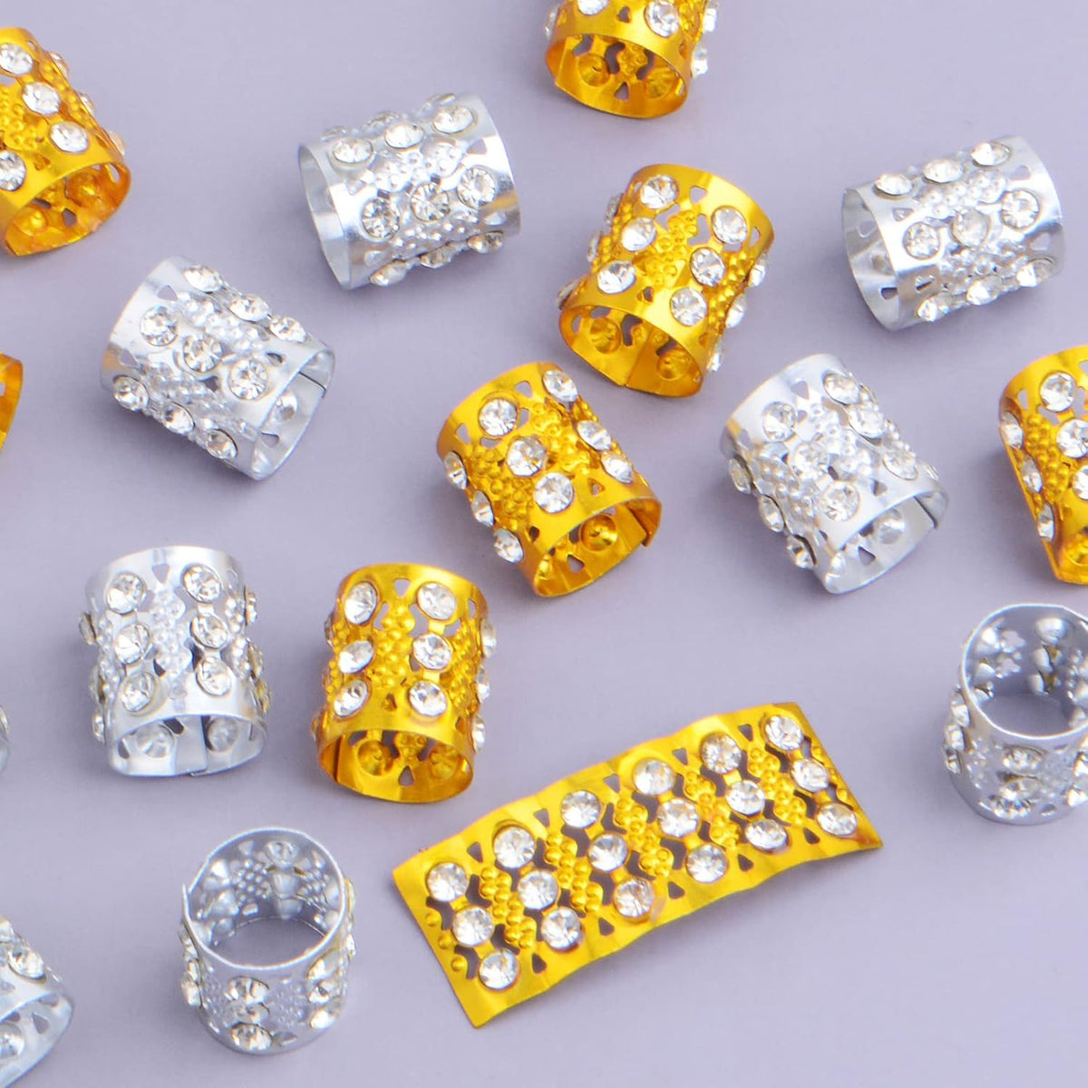 20pcs Rhinestone Dreadlock Beads Alloy Braiding Hair Cuffs Adjustable Hair Rings Clips Hollow Tube Beard Beads Accessories for Women Girls Hair Decoration, 2 Colors