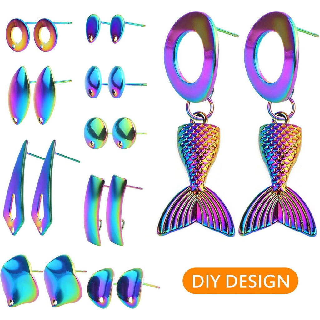 20pcs Stainless Steel Irregular Shapes Stud Earrings Mixed Round Oval Rhombus Heart Earring Posts with Hole and 20pcs Clear Earring Backs for DIY Jewelry Making Supplies, Rainbow Color
