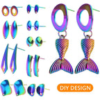 20pcs Stainless Steel Irregular Shapes Stud Earrings Mixed Round Oval Rhombus Heart Earring Posts with Hole and 20pcs Clear Earring Backs for DIY Jewelry Making Supplies, Rainbow Color