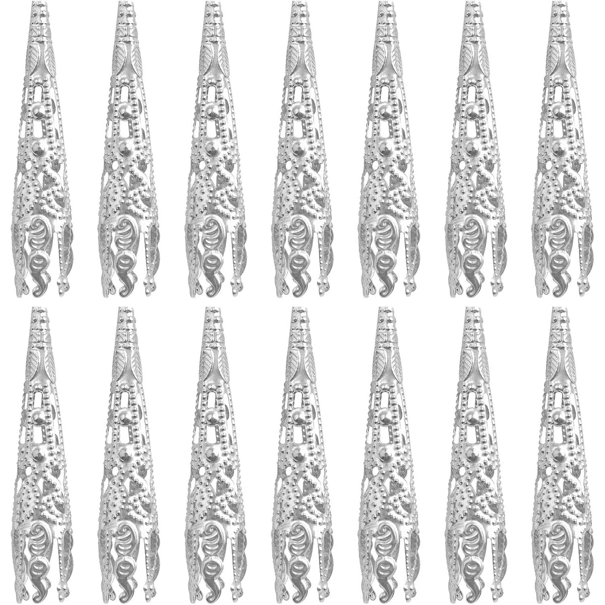 100pcs Silver Long Flower Bead Caps Hollow Cone Bead End Caps Filigree Flower Spacers Hair Braid Beads Accessories for DIY Neckalce Earrings Hairpins Craft Projects