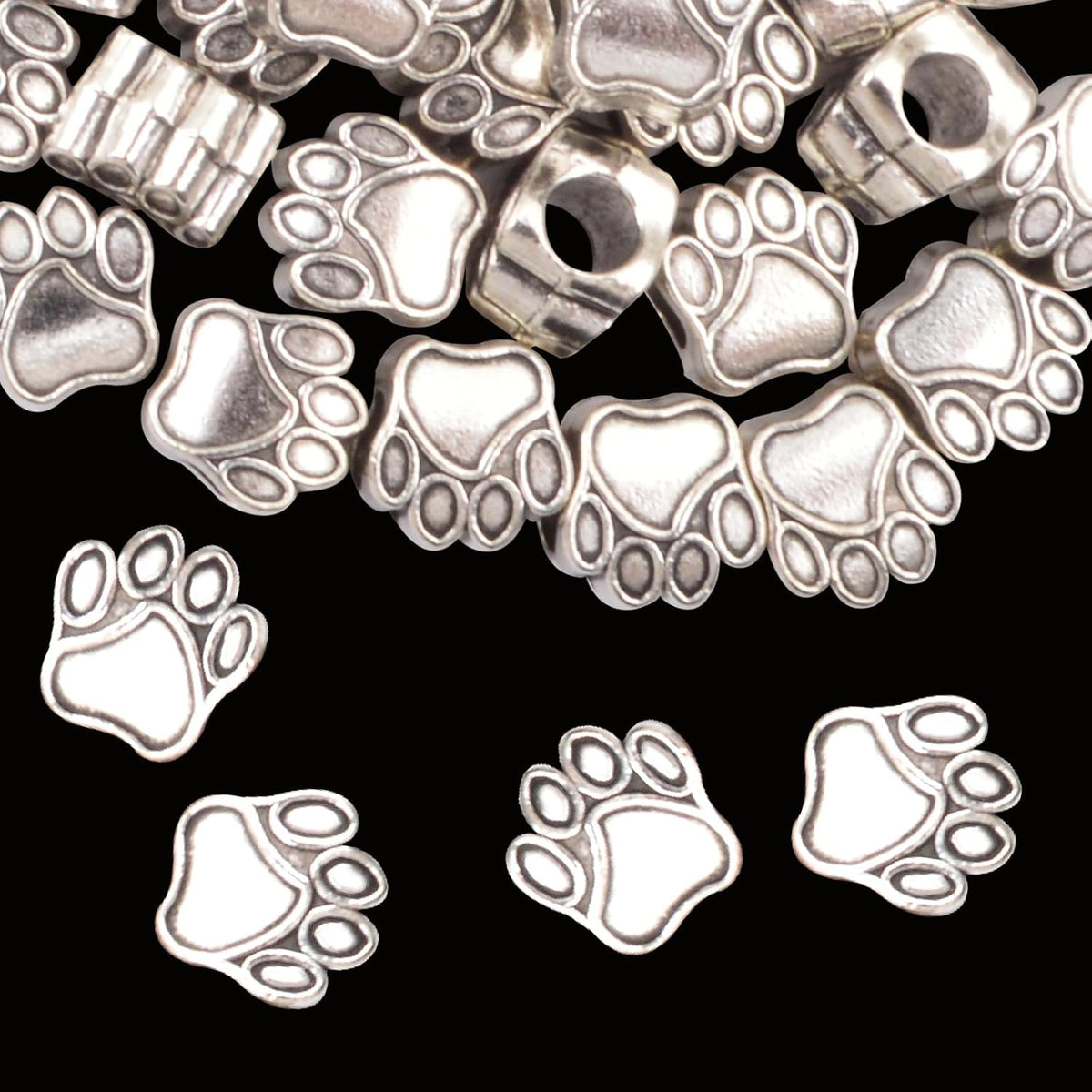 50pcs Antique Silver Animal Paw Print Spacer Beads Vintage Alloy Dog Bear Footprint European Large Hole Beads Accessories for DIY Bracelet Earrings Crafts Jewelry Making, Hole: 4.8 mm