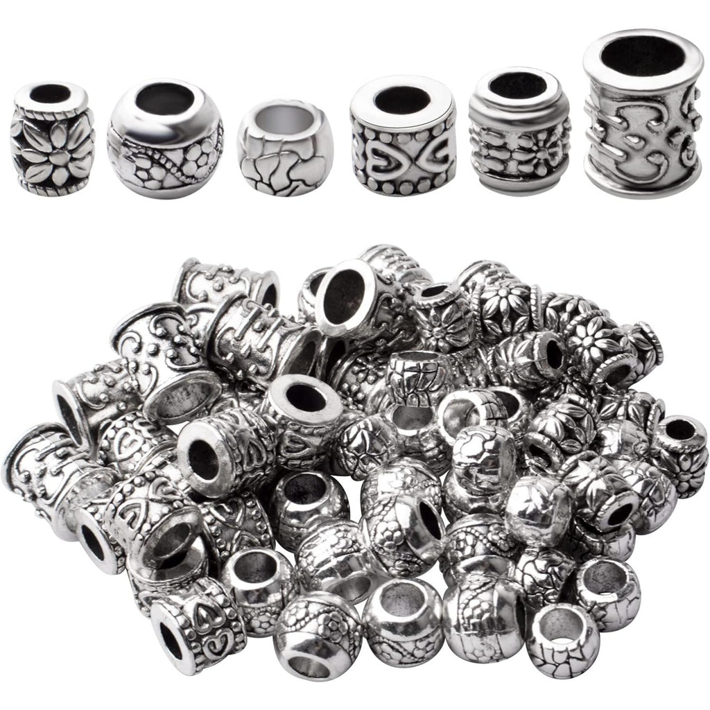 Large Hole Spacer Beads,100g Antique Silver Mixed Styles Tube Bead Spacers Tibetan Alloy Column Barrel Round Spacers Loose Beads for DIY Jewelry Bracelet Crafts Making Supplies
