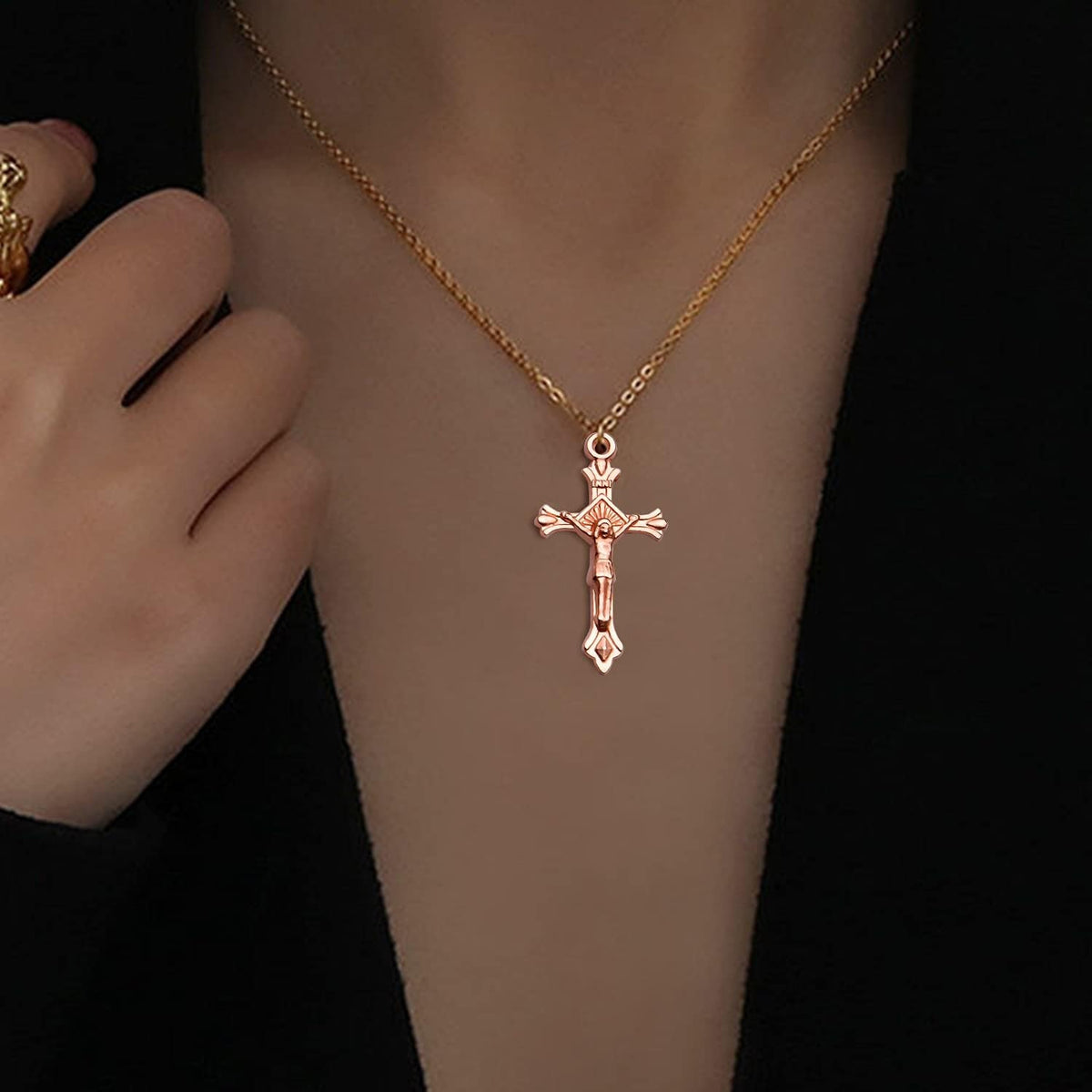 100g Craft Supplies Alloy Rose Gold Jesus Christ Cross Charms Rosary Center Charm Crosses Charms Pendants for Necklace DIY Jewelry Making, Mixed Styles