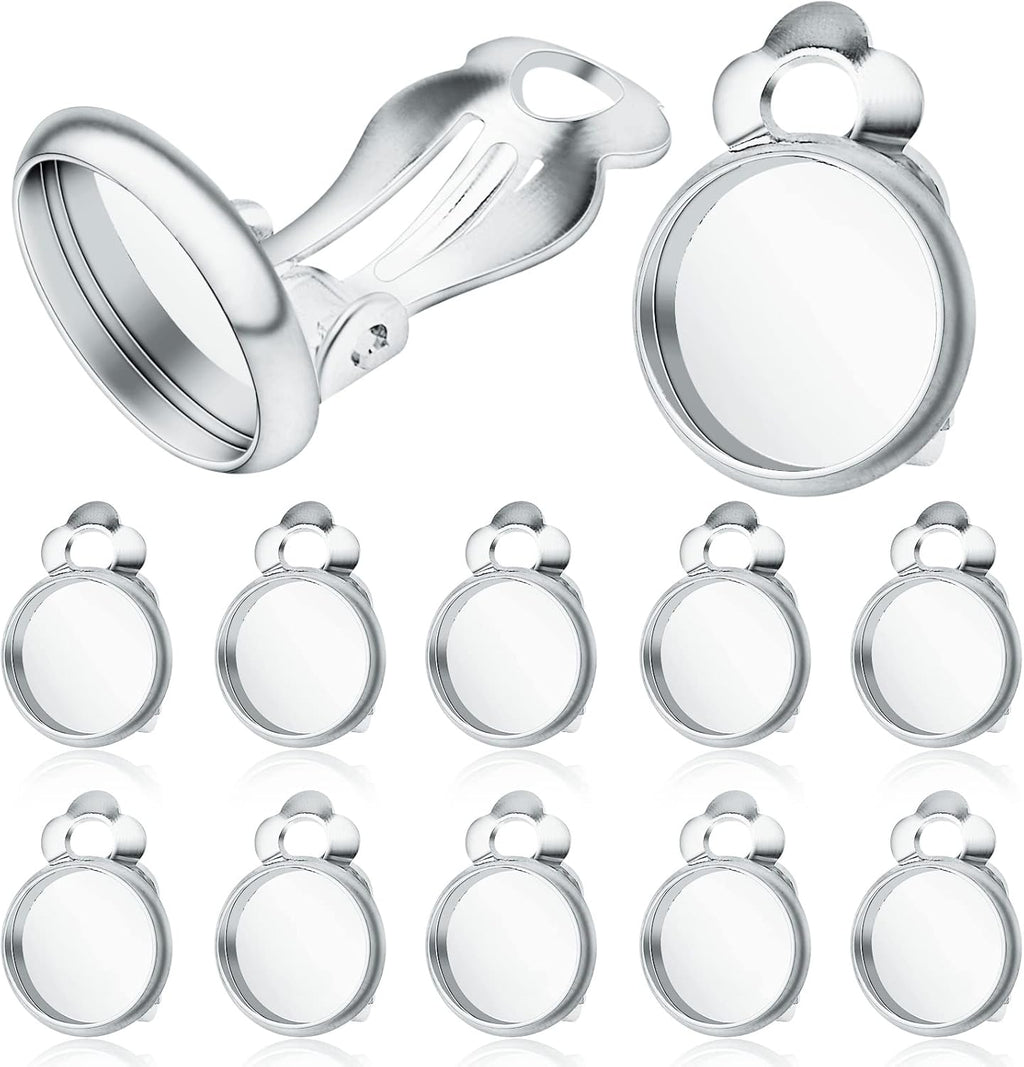 Clip-on Earring Converters, 20pcs (10 Pair) Flat Round Earring Trays 12mm Earring Cabochon Setting Converter for Non Pierced Ears Earring Making - Silver