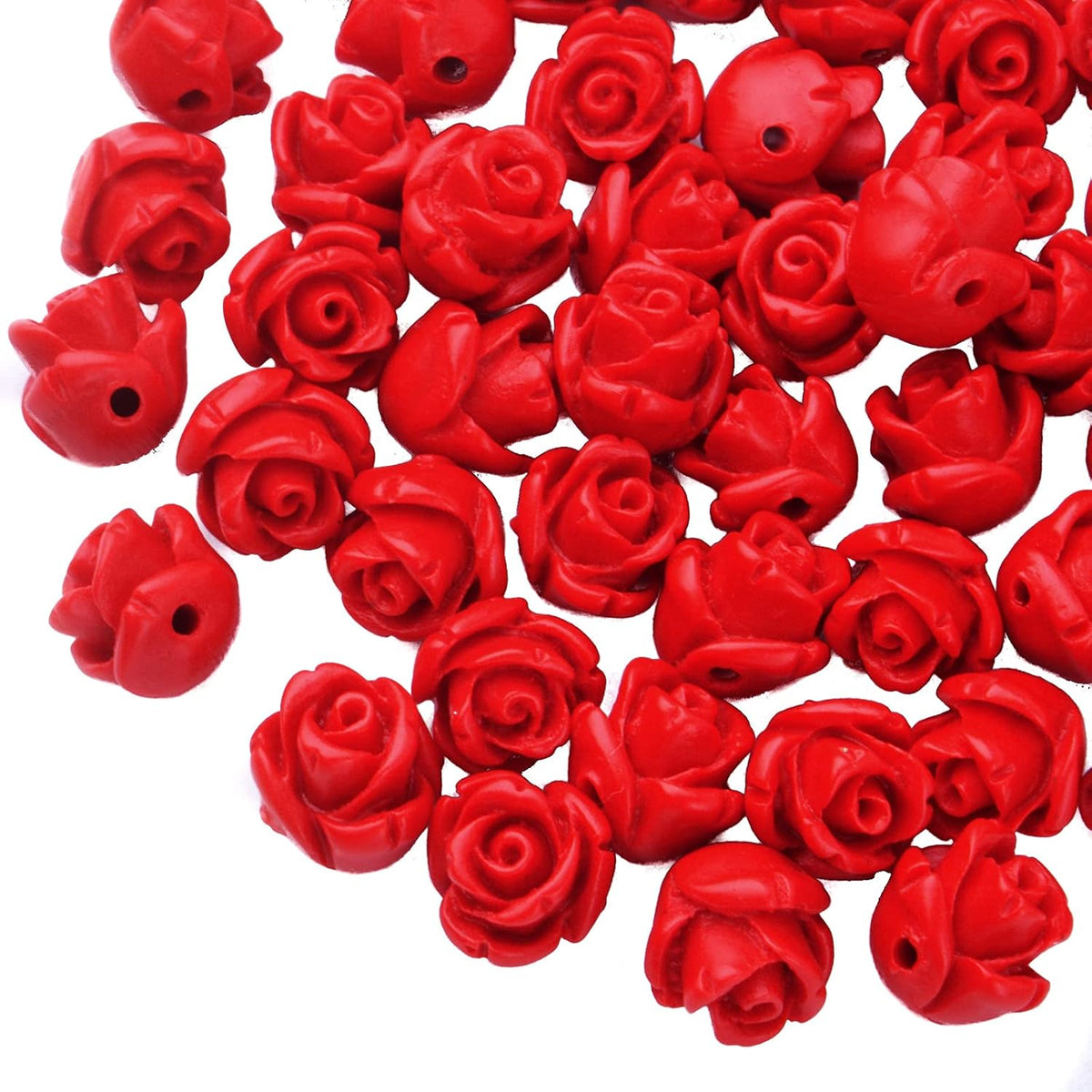 50pcs Cinnabar Carved Rose Beads Rose Flower Loose Beads for DIY Earrings Necklace Bracelet Jewelry Making Supplies Wedding Party Anniversary Favor Gifts, 10 mm x 8 mm, Hole: 1.5 mm