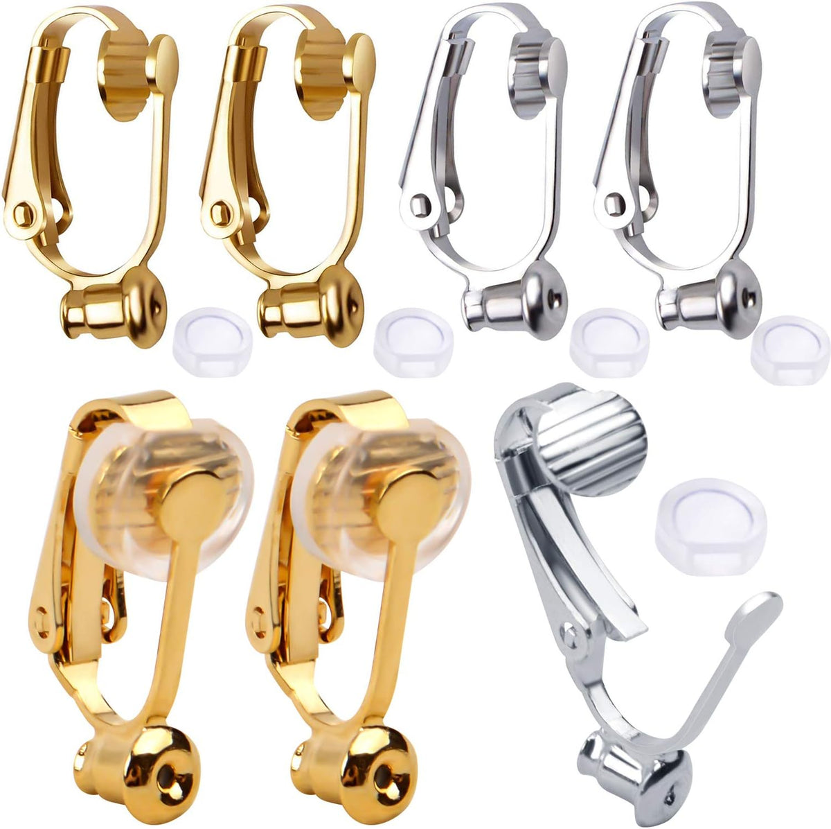 Clip-On Earring Converters - 12 Non-Pierced Earring Clips, Silicone Pads for Jewellery Making - Silver and Gold