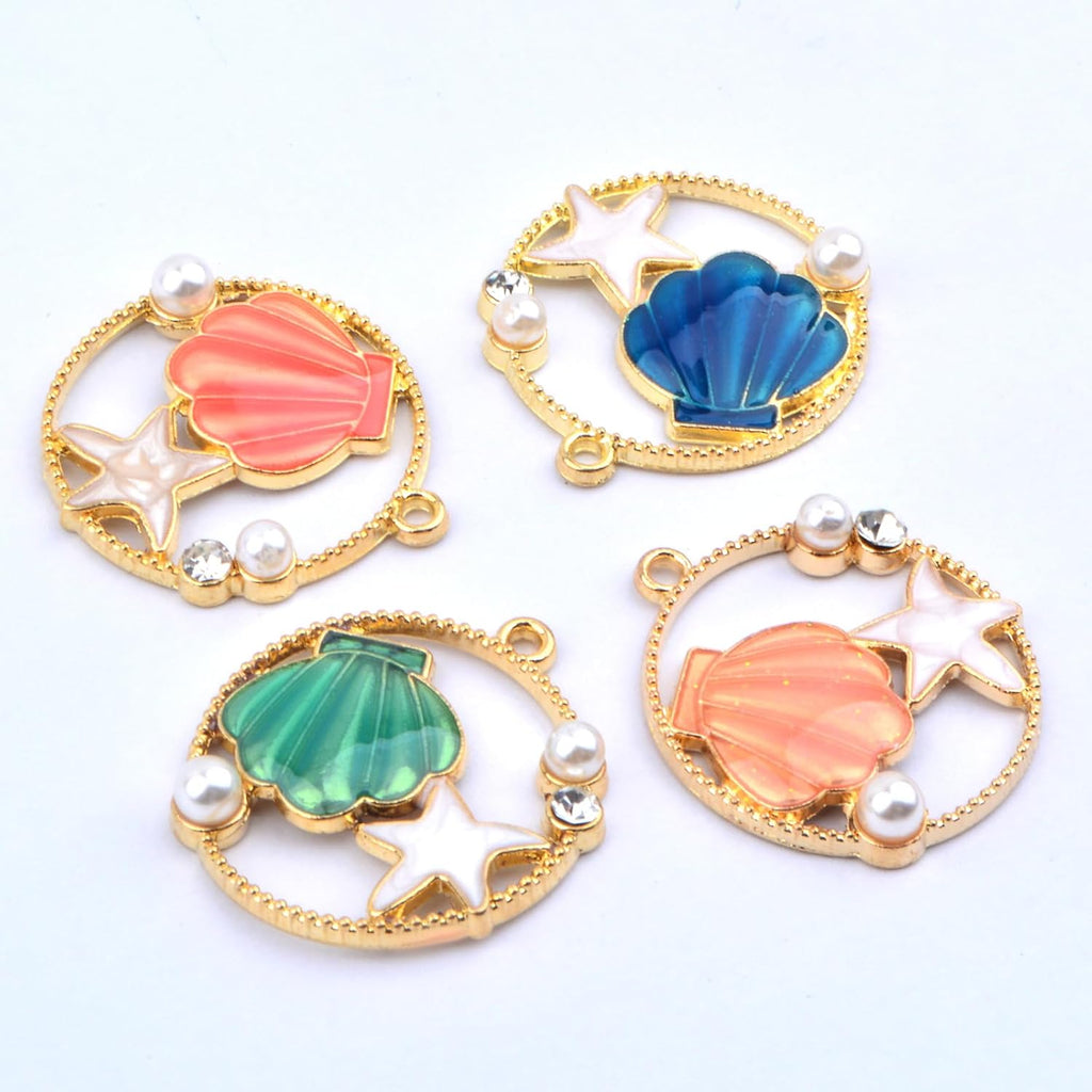 16pcs Round Enamel Ocean Starfish Shell Charms Colorful Marine Animal Starfish Seashell Summer Beach Dangle Pendants for DIY Necklace Bracelet Crafts Jewelry Making, 4 Colors