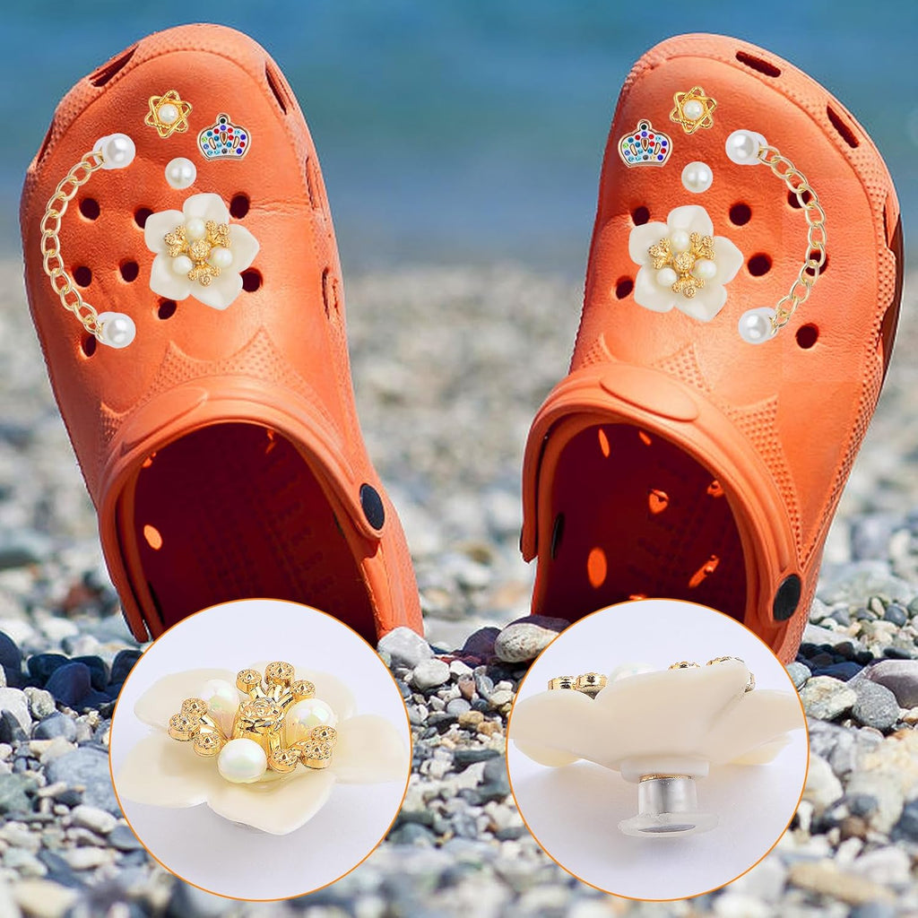 1 Pack of Mixed Bling Shoe Charms Pearl Chain Buckle Flower Butterfly Ornaments and 1 Pair of Pearls Shoe Chains, Clog Slippers Shoes Decorations for Women Party Birthday Gifts