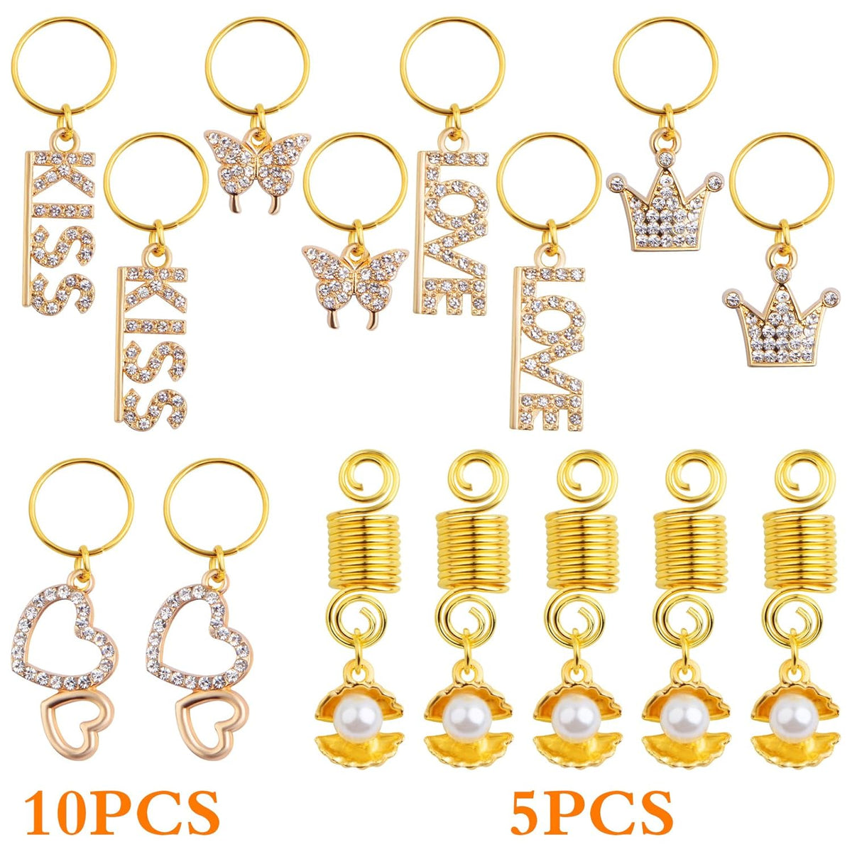 5pcs Shell Pearl Hair Braid Clips Headpieces and 10pcs 5 Styles Alloy Rhinestone Pendant Rings Braid Clips Hair Jewelry Braids Dreadlock Accessories for Women Party Hair Decorations