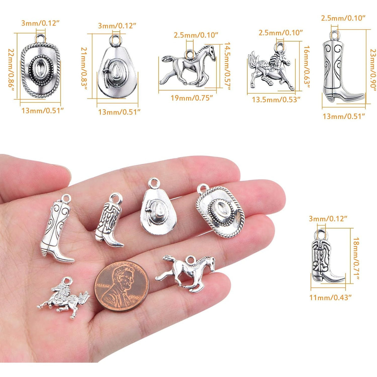 60pcs Antique Silver Western Cowboy Pendant Charms Alloy Mixed Western Horse Boot Hat Dangle Pendants for DIY Bracelet Necklace Jewelry Making Father's Day Gift, 6 Styles