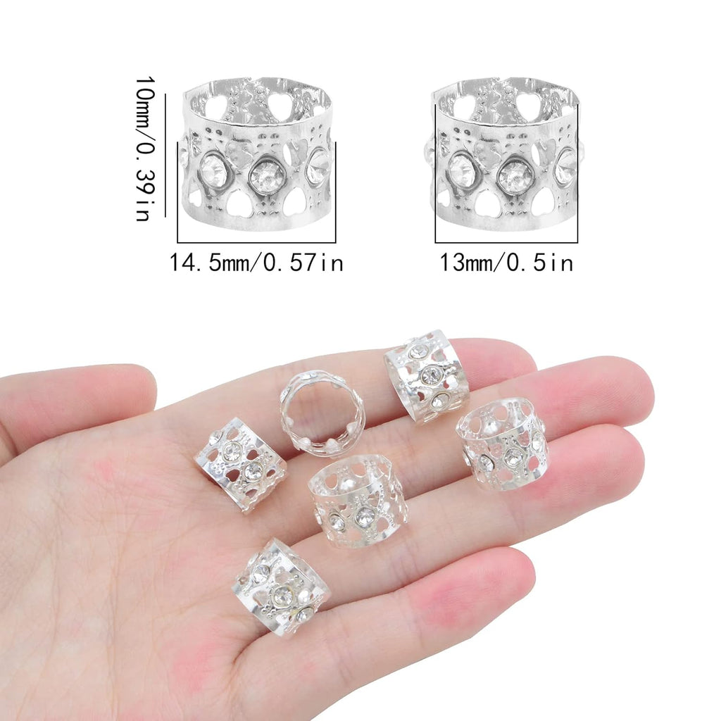 50pcs Rhinestone Dreadlocks Beads Alloy Hair Ring Decoration Braiding Hair Braid Cuff Clip Beard Hollow Heart Tube Beads Accessories for Women Men, Golden and Silver