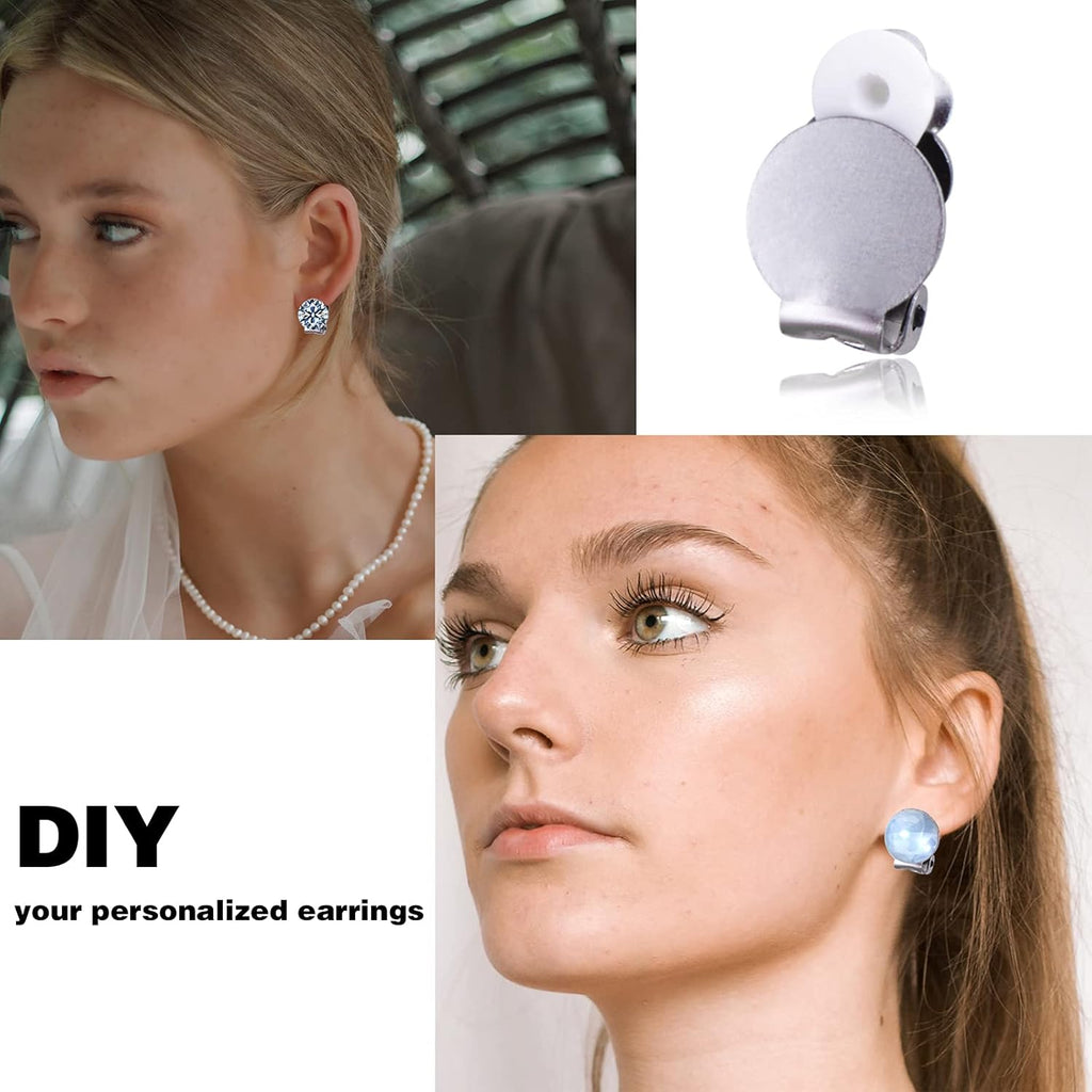 20pcs Round Flat Back Tray Earring Clips Stainless Steel Non-Pierced Earrings Converter Components with 20pcs Silicone Earring Findings Pad Base for DIY Jewelry Making