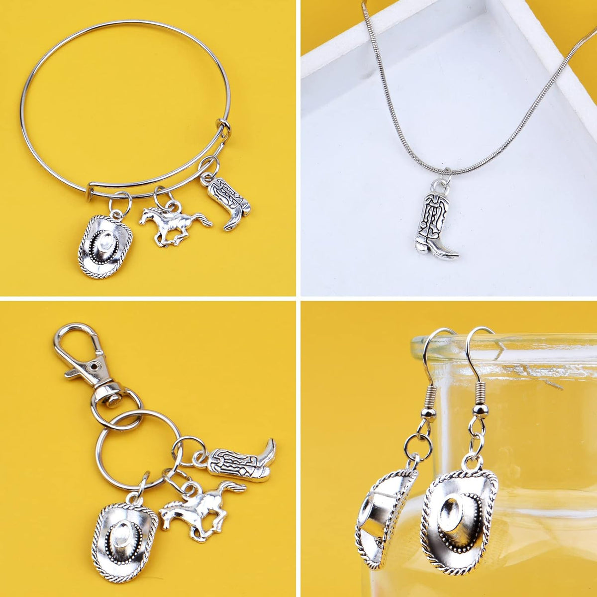 60pcs Silver Western Cowboy Charms Pendants Alloy Horse Cowboy Boot Hat Dangle Charms for DIY Earrings Bracelet Necklace Jewelry Making