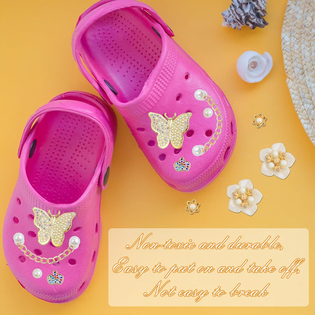 1 Pack of Mixed Bling Shoe Charms Pearl Chain Buckle Flower Butterfly Ornaments and 1 Pair of Pearls Shoe Chains, Clog Slippers Shoes Decorations for Women Party Birthday Gifts