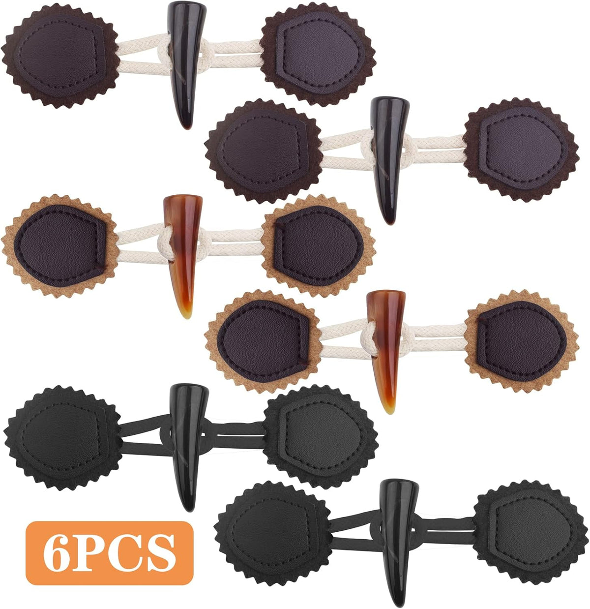 6 Pairs Vintage Resin Horn Coat Buttons Leather Sew-On Toggles Closure Buttons Sewing Accessories for Woolen Coat Clothing Jacket Sweater Windbreaker, 3 Colors