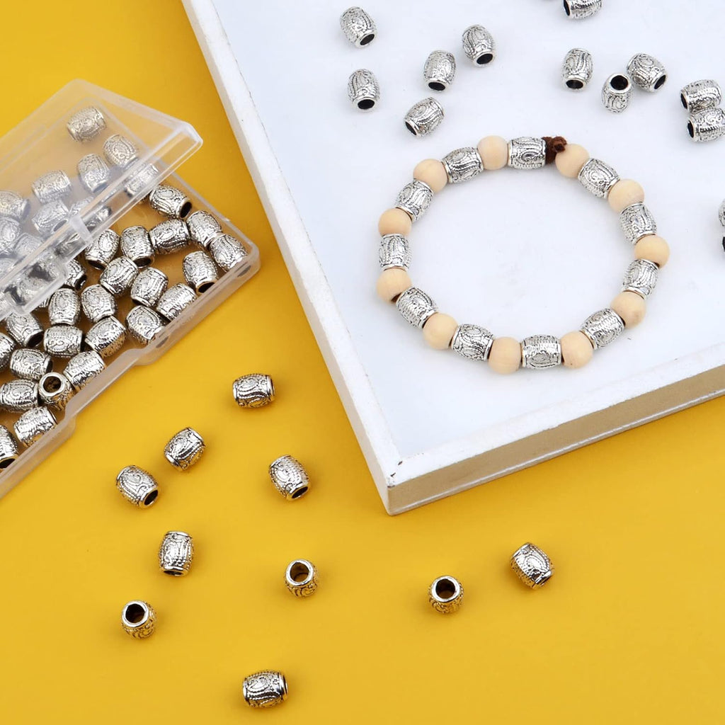 100pcs Antique Silver Oval Spacer Beads Alloy European Large Hole Loose Beads with A Plastic Box for DIY Bracelet Jewelry Making Handmade Decor, Hole: 4.3 mm