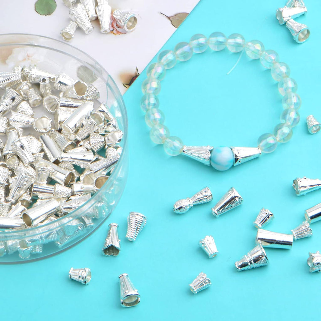 100 Gram (About 110-150pcs) Mixed Styles Cone Bead Caps Tibetan Alloy Flower Spacer Bead Caps Tassel End Caps for DIY Bracelet Necklace Jewelry Craft Making, Bright Silver