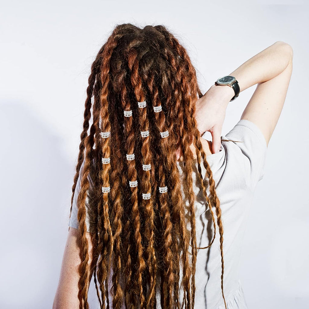 50pcs Rhinestone Dreadlocks Beads Alloy Hair Ring Decoration Braiding Hair Braid Cuff Clip Beard Hollow Heart Tube Beads Accessories for Women Men, Golden and Silver