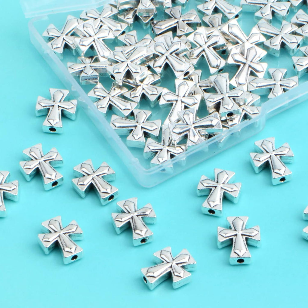 50pcs Antique Silver Cross Spacer Beads Tibetan Alloy Cross Crucifix Charm Beads with A Box Craft Supplies for DIY Jewelry Bracelet Jewelry Making, 13 mm × 11 mm