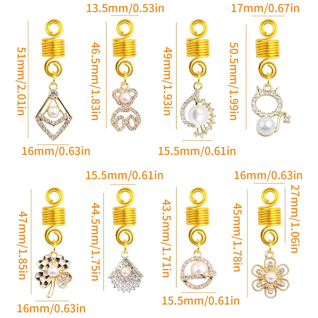 16pcs 8 Styles Pearl Hair Braid Clips Golden Alloy Braids Ring Pendants Adjustable Spring Clip Dreadlocks Accessories Hair Jewelry Headpieces for Women Hair Braid Decoration Gift