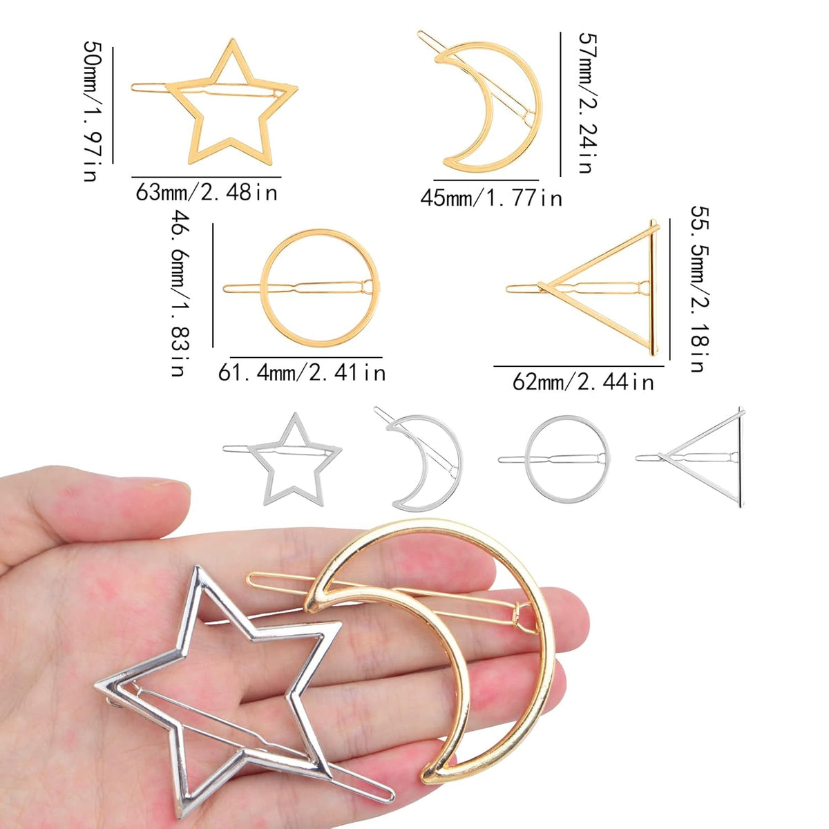8pcs Alloy Geometric Hair Clips Mixed Moon Star Round Triangle Shape Hair Pins Dainty Hair Barrettes Hair Accessories for Women Girls Wedding Party Decoration, 2 Colors