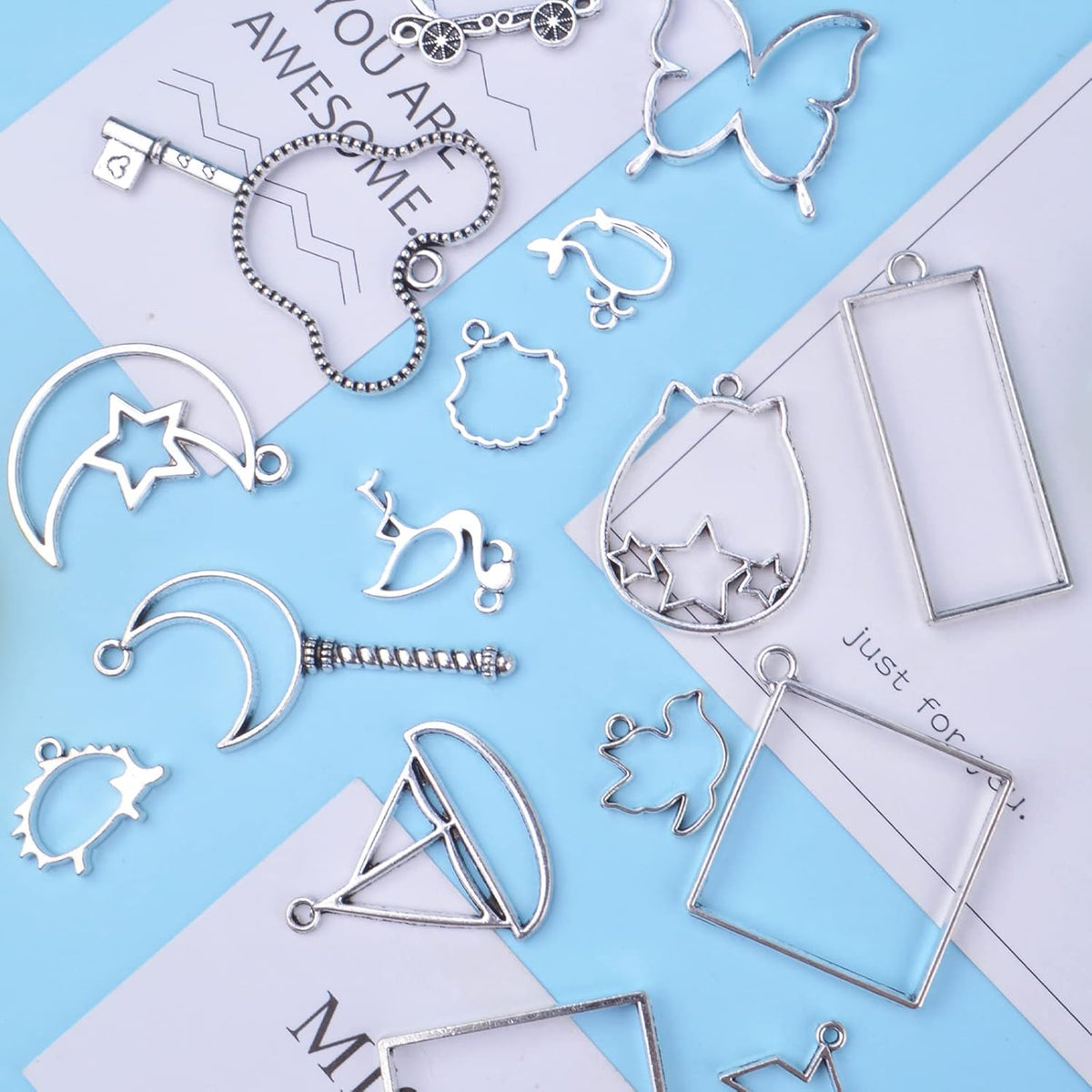 100g Antique Silver Bezel Charms Pendants Alloy Open Back Bezel Blanks Hollow Pressed Flower Frame Pendant Resin Molds for DIY Jewelry Crafts Making Necklace Earrings, Mixed Styles