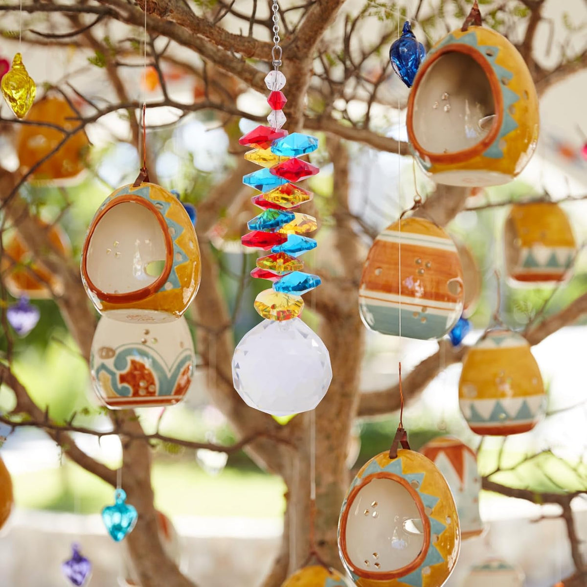 1pcs David Star Tree of Life Colorful Chakra Stones Ornament and 1pcs Rainbow Crystal Ball Prism Pendant Sun Catcher Gift for Home Indoor Window Car Hanging Accessories Decoration