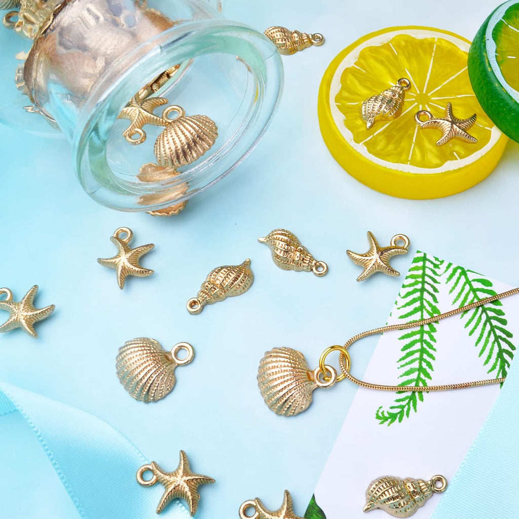 60pcs Gold Plated Shell Starfish Conch Charms Alloy Ocean Theme Pendants Sea Animals Dangle Charms for DIY Earrings Necklace Bracelet Crafts Jewelry Making Accessories
