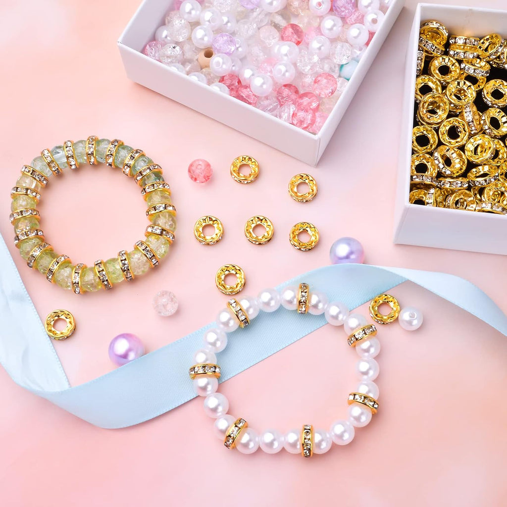 100pcs 10 mm Rhinestone European Beads Crystal Rondelle Spacer Beads Brass Large Hole Loose Charm Beads for DIY Snake Chain Bracelets Necklaces Jewelry Making Accessories, Golden, Hole: 4.6 mm