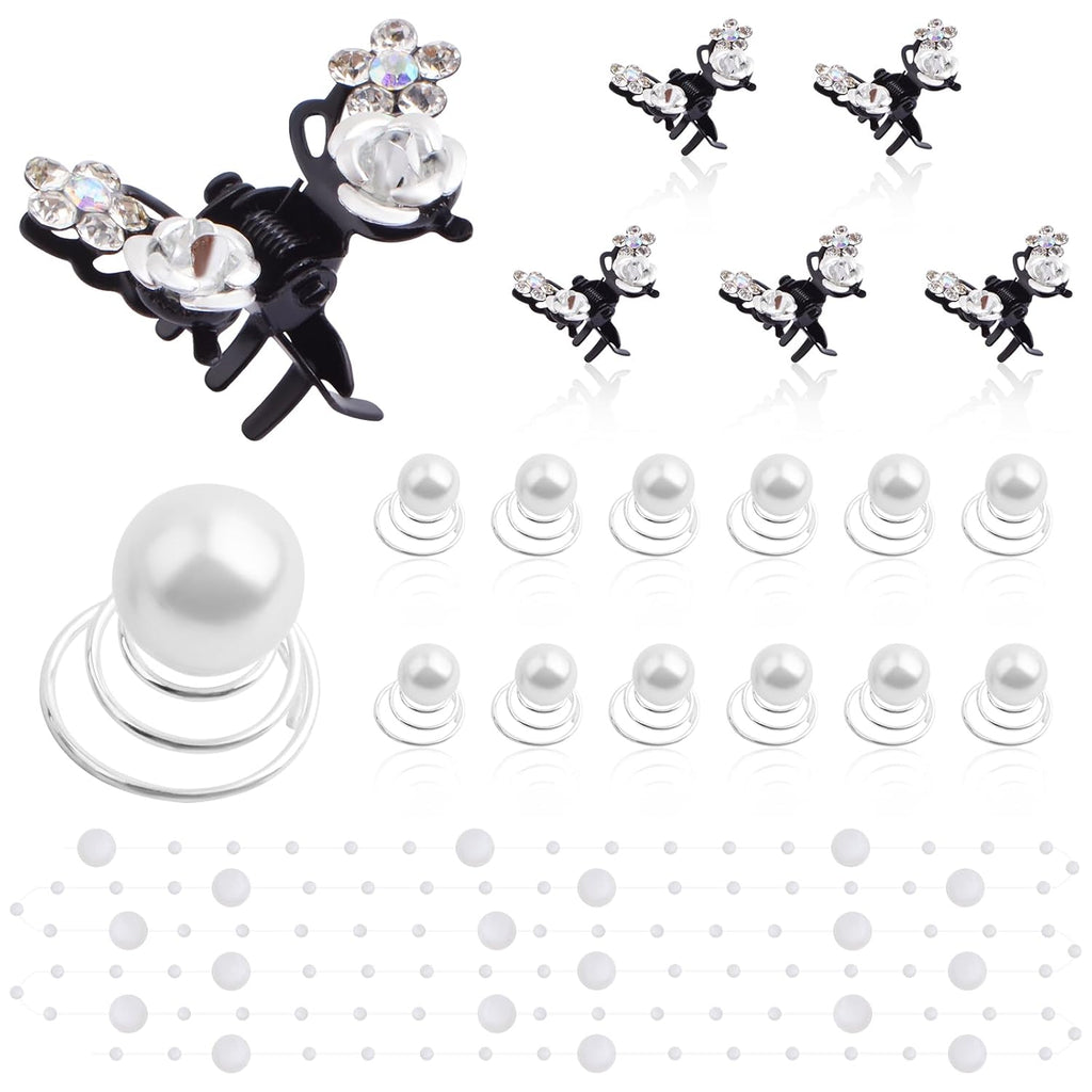 6pcs Butterfly Rhinestone Claw Hairpin Clips, 20pcs Pearl Spiral Bridal Hair Clips, 1pcs Wedding Braided White Handmade Beaded Headpiece Hair Accessories for Women Prom Party