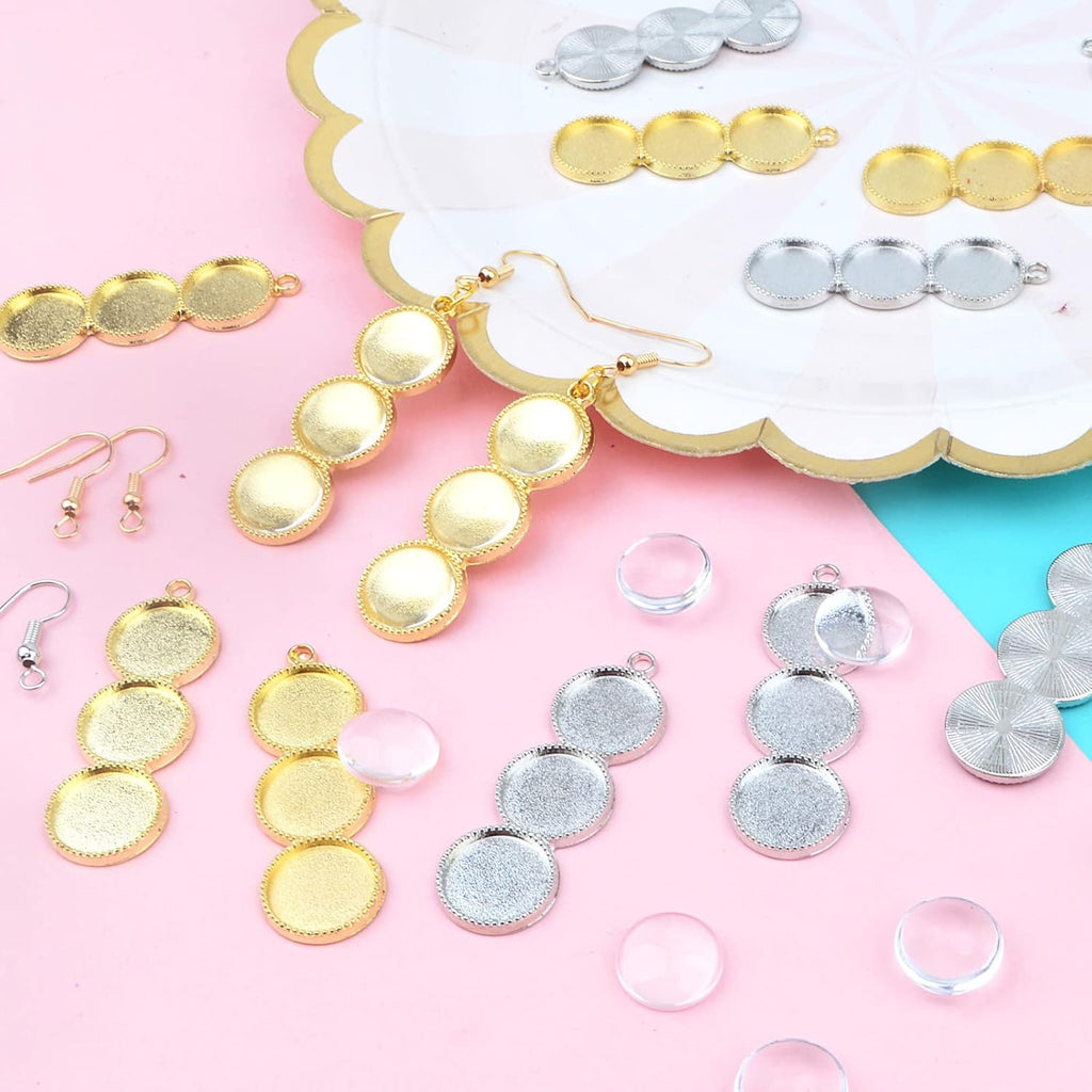 20pcs 2 Colors Blank Round 12 mm Earring Bezel Trays Bases 3-Consecutive Earring Blanks and 60pcs 12 mmGlass Cabochon Dome Tiles with 40pcs Earring Hooks for DIY Jewelry Making