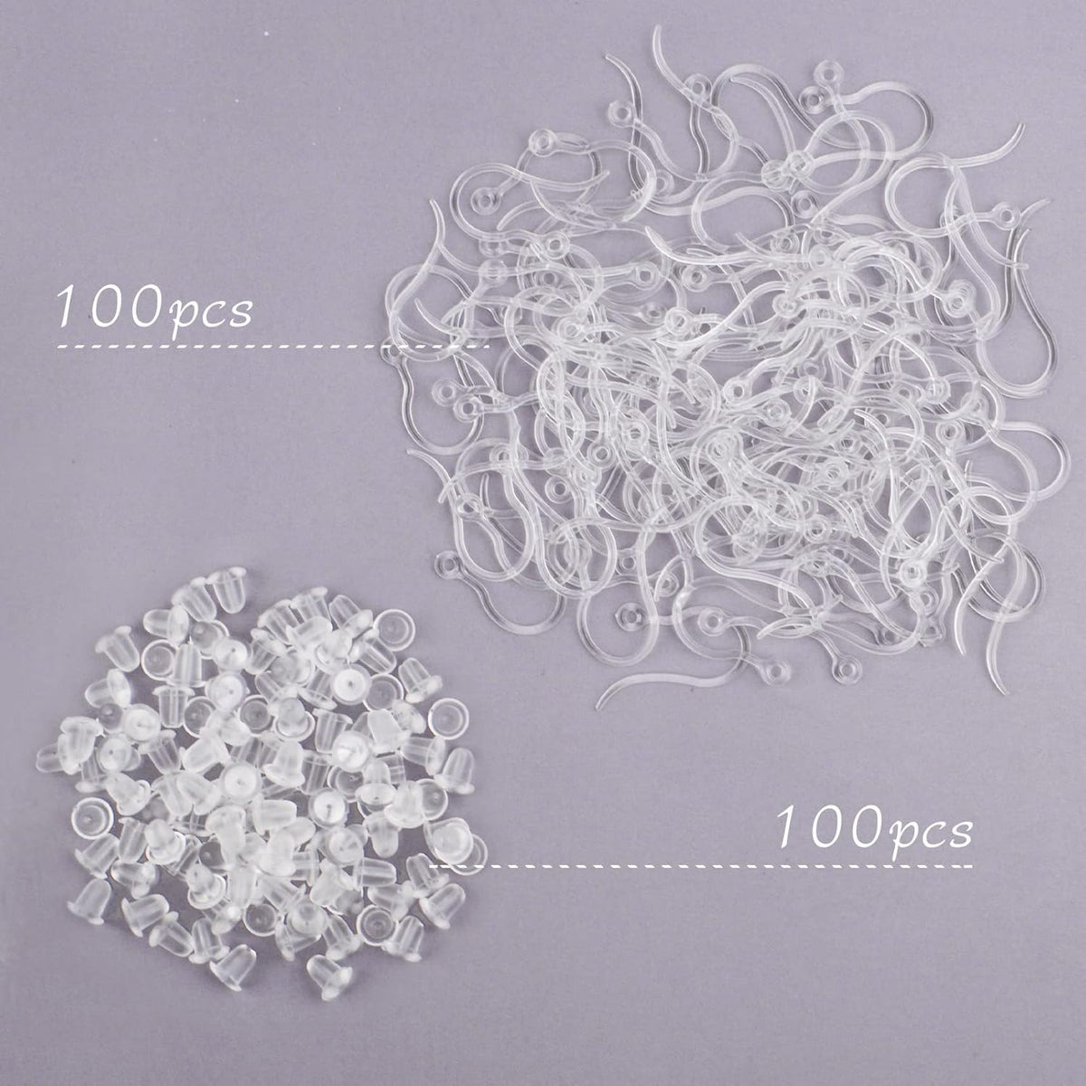 100pcs Clear Plastic Earring Hooks Ear Wire with Loop French Fish Hooks and 100pcs Transparent Earring Stoppers for DIY Earrings Jewelry Making Craft Decoration