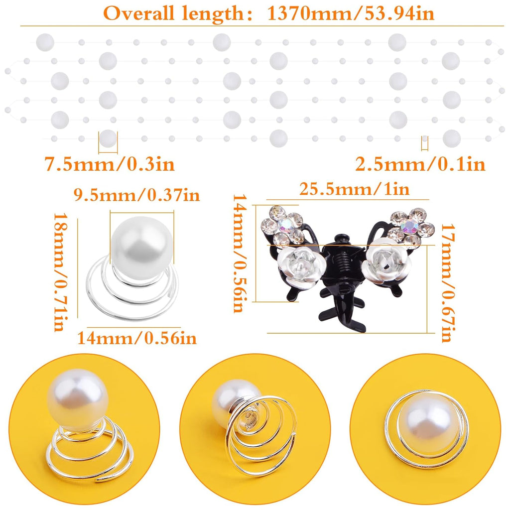 6pcs Butterfly Rhinestone Claw Hairpin Clips, 20pcs Pearl Spiral Bridal Hair Clips, 1pcs Wedding Braided White Handmade Beaded Headpiece Hair Accessories for Women Prom Party