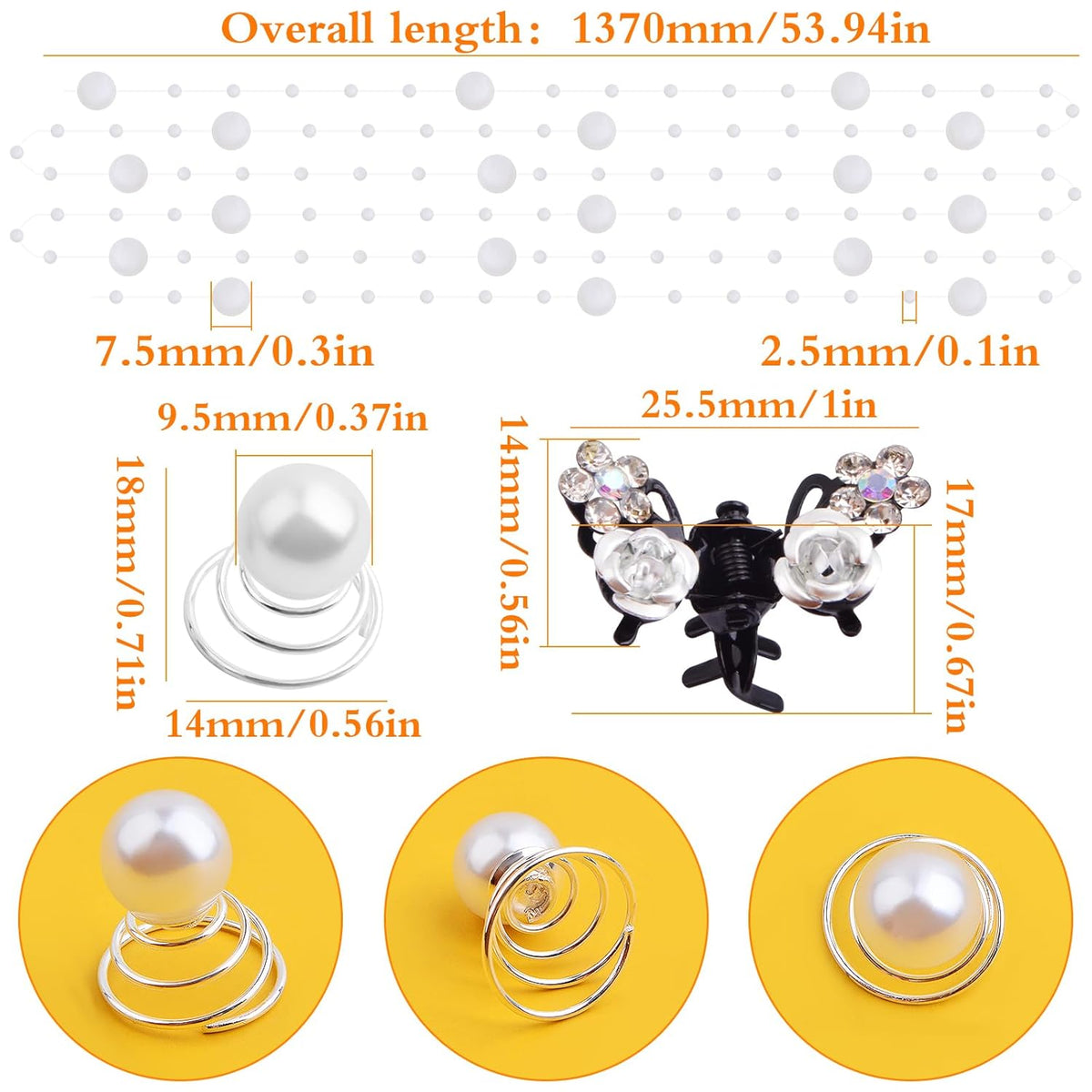 6pcs Butterfly Rhinestone Claw Hairpin Clips, 20pcs Pearl Spiral Bridal Hair Clips, 1pcs Wedding Braided White Handmade Beaded Headpiece Hair Accessories for Women Prom Party