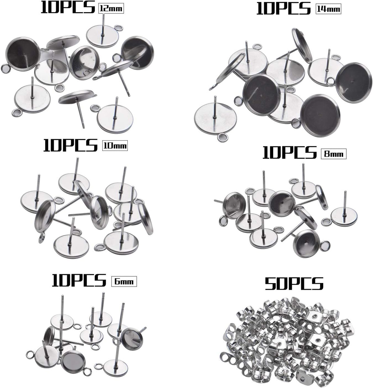 Earring Posts with Loop,50pcs Stainless Steel Bezel Earring Studs Earring Posts Cabochon Settings with Loops and 50pcs Earring Backs,6/8/10/12/14mm