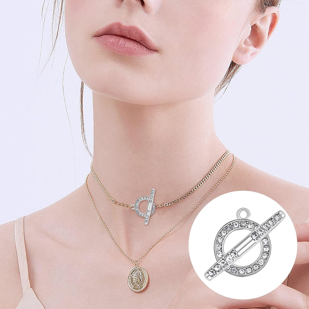 10 Sets Round Metal Toggle Clasps Bracelet Closure Fastener Buckle OT End Clasps T-Bar Connectors and Ring Clasps with Rhinestone for DIY Craft Necklace Jewelry Making, 2 Colors