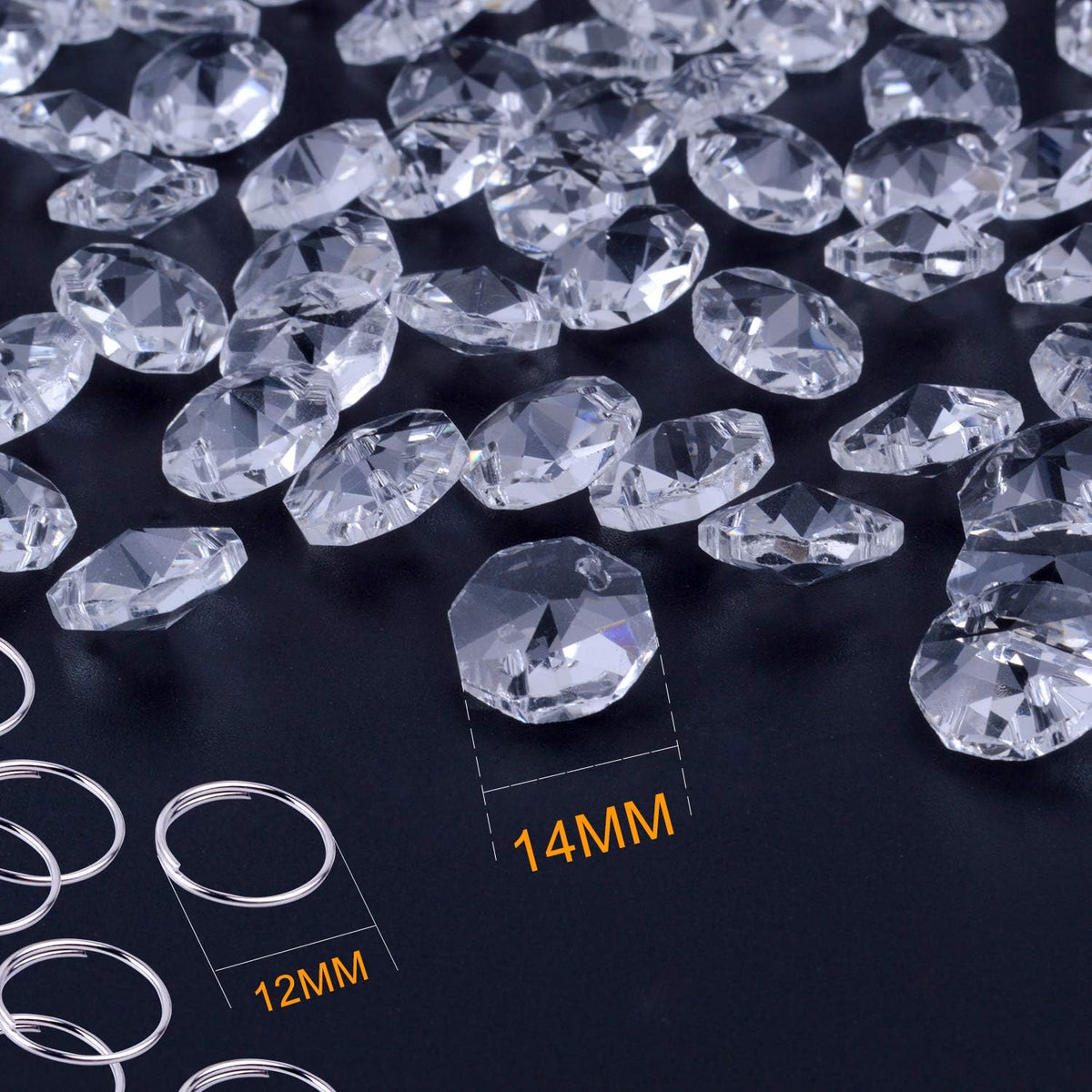100Pcs 14mm Clear Crystal Octagon Beads with 100Pcs Stainless Curtain Rings Jump Rings Key Rings for Chandelier Prisms Curtain Parts Jewelry Making