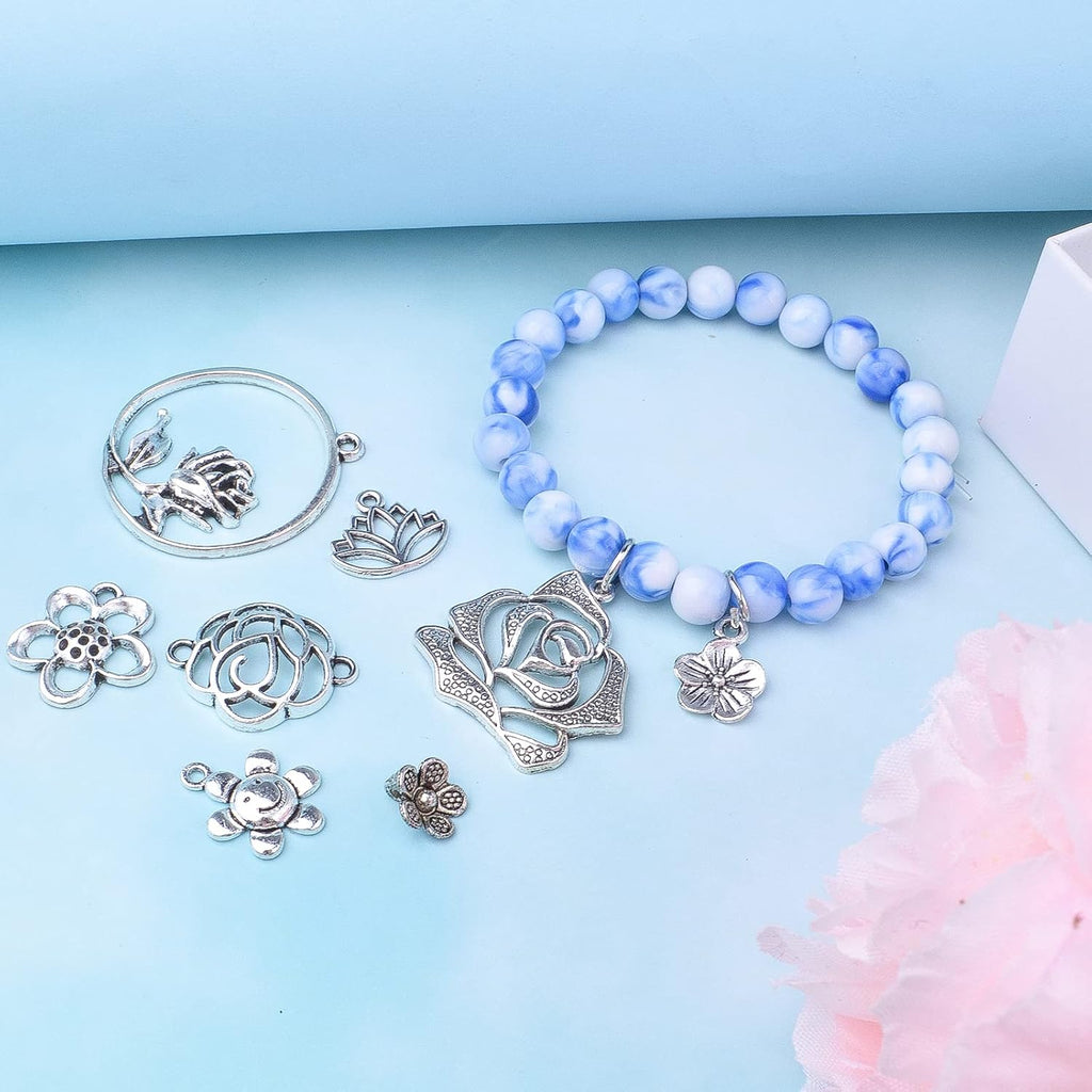50pcs Mixed Styles Rose Flower Charms Tibetan Alloy Romantic Pendants Flower Beads Connectors Charms for DIY Necklace Bracelet Jewelry Making Birthday Christmas Valentine's Favor