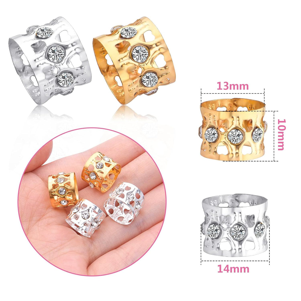 50pcs Rhinestone Dreadlocks Beads Alloy Hair Ring Decoration Braiding Hair Braid Cuff Clip Beard Hollow Heart Tube Beads Accessories for Women Men, Golden and Silver