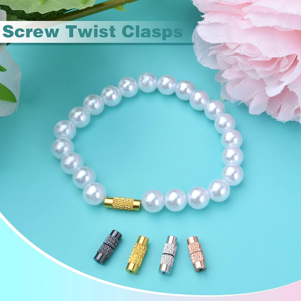 100pcs 4 Colors Brass Screw Twist Clasps Barrel Tube Fastener Cord End Caps Jewelry Clasps for DIY Bracelet Necklace Crafts Jewelry Making Decorative Accessories, 12 mm x 4.2 mm