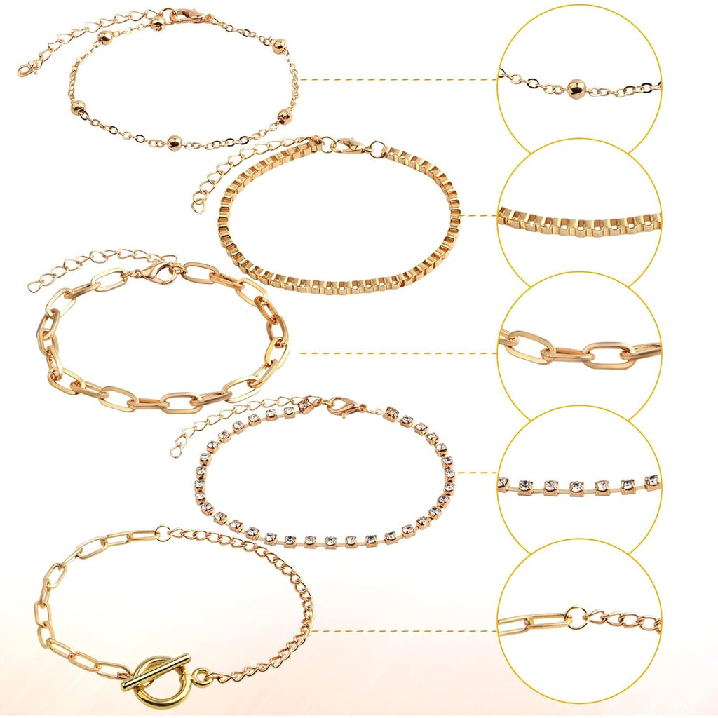 10pcs Adjustable Bracelet Chains with OT Toggle Clasp Lobster Clasps Alloy Bracelet Links with Rhinestone Extender Chains for Women DIY Jewelry Making Craft Supplies, 5 Styles