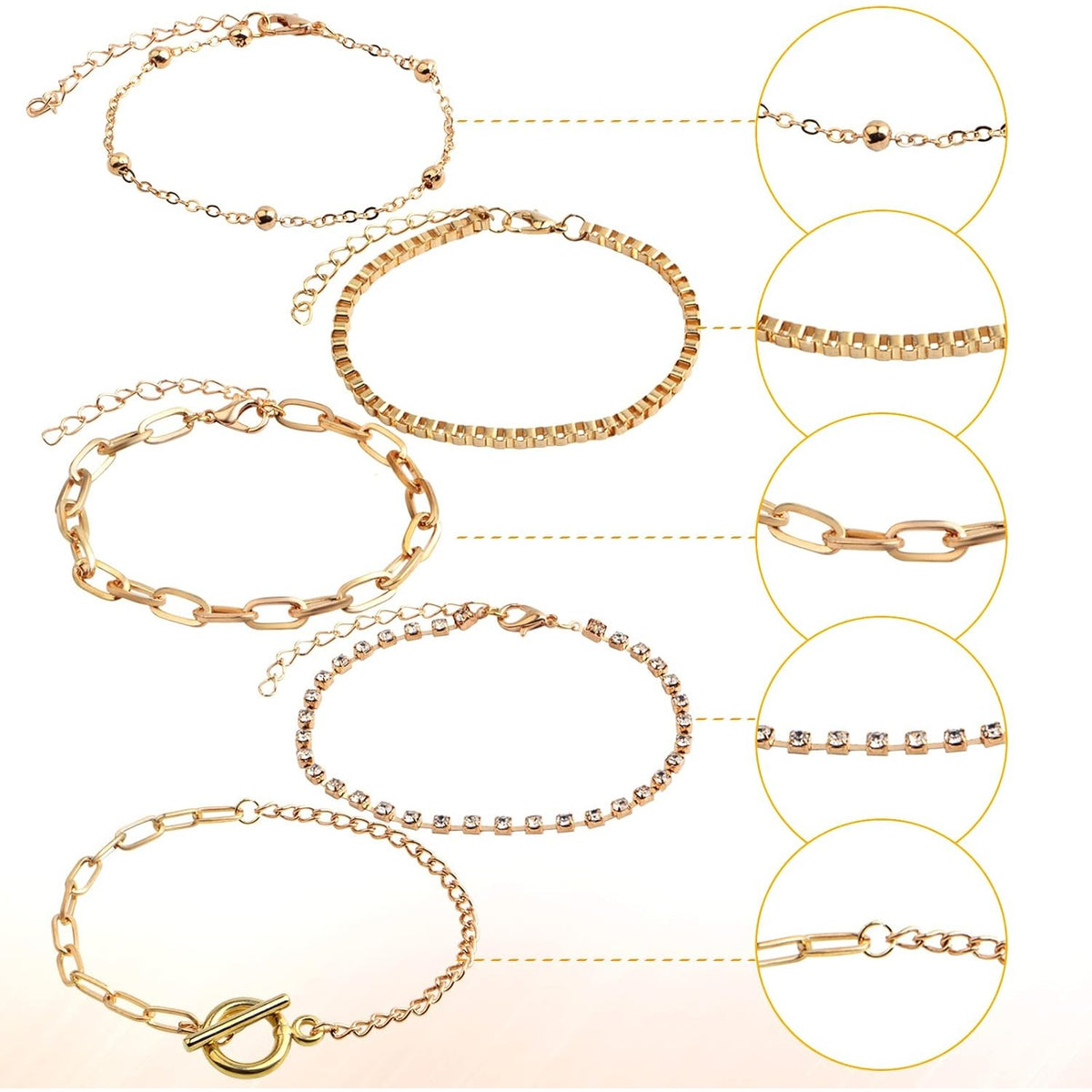 10pcs Adjustable Bracelet Chains with OT Toggle Clasp Lobster Clasps Alloy Bracelet Links with Rhinestone Extender Chains for Women DIY Jewelry Making Craft Supplies, 5 Styles