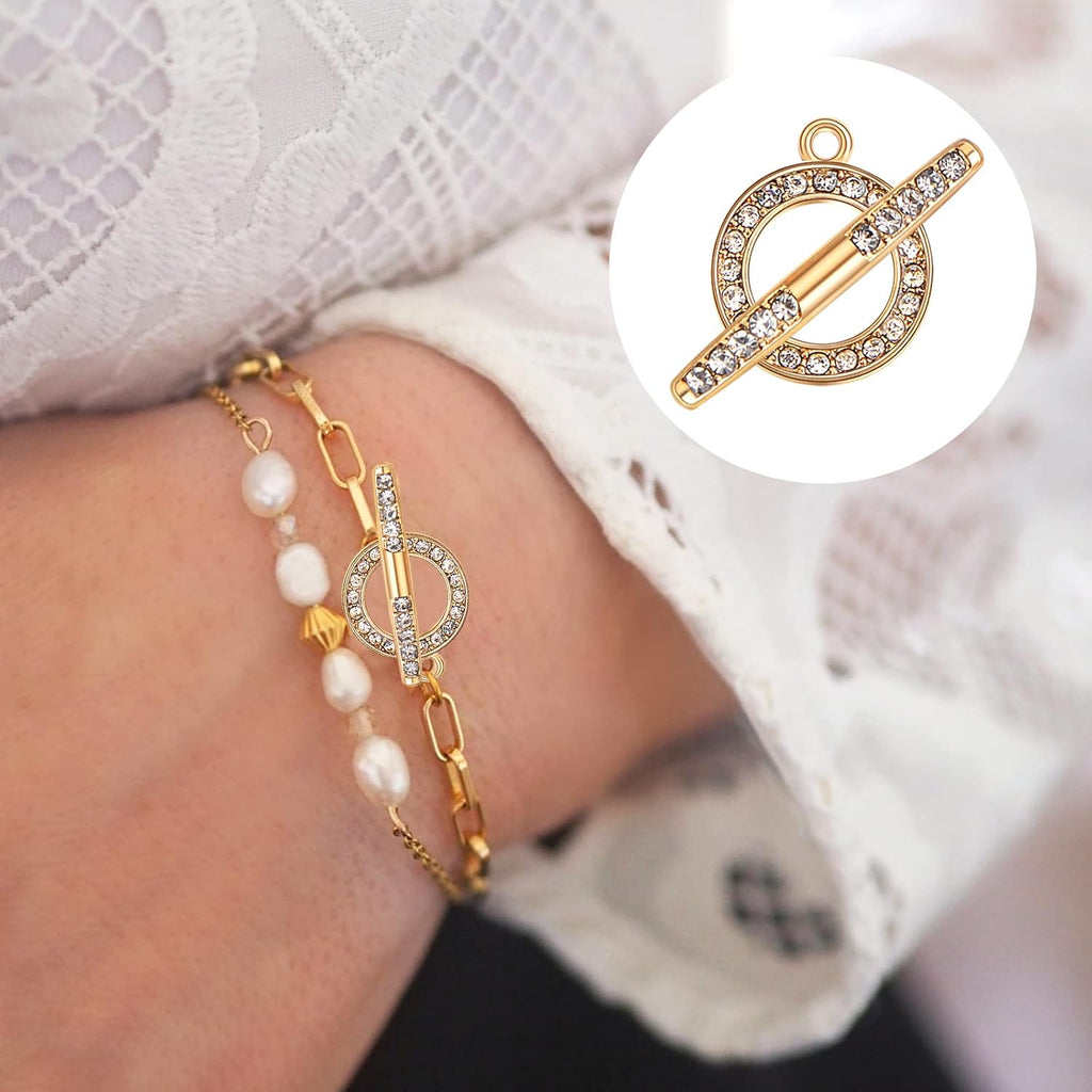10 Sets Round Metal Toggle Clasps Bracelet Closure Fastener Buckle OT End Clasps T-Bar Connectors and Ring Clasps with Rhinestone for DIY Craft Necklace Jewelry Making, 2 Colors