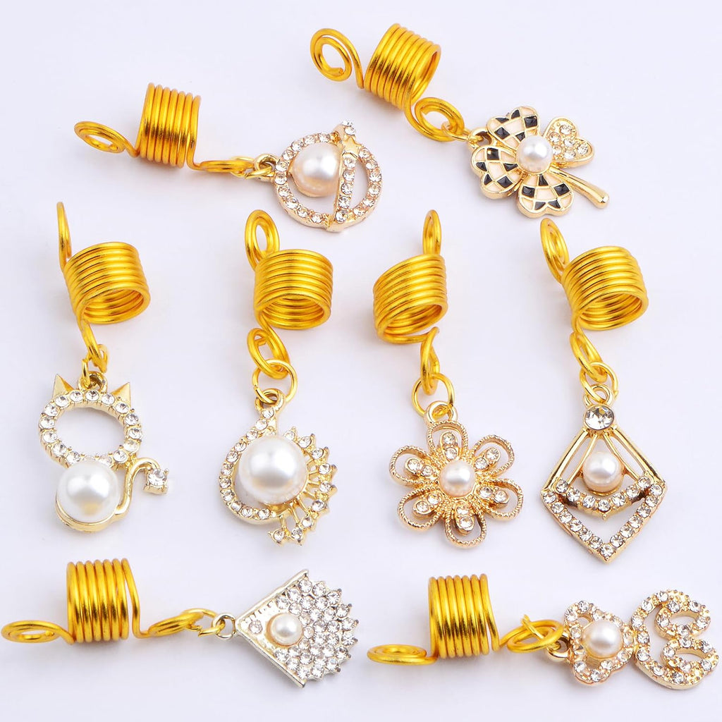 16pcs 8 Styles Pearl Hair Braid Clips Golden Alloy Braids Ring Pendants Adjustable Spring Clip Dreadlocks Accessories Hair Jewelry Headpieces for Women Hair Braid Decoration Gift