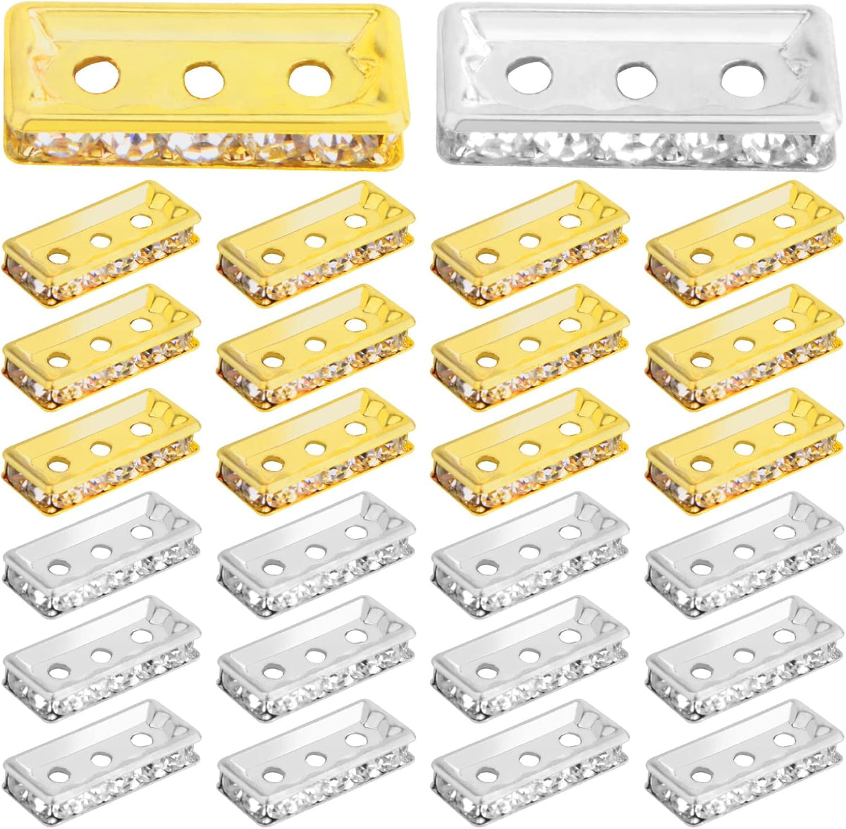 60pcs Brass Rhinestone Spacer Bar Beads Square 3 Holes Crystal Spacer Bar Link Connectors Craft Accessories for DIY Multi Strands Bracelet Jewelry Making, 2 Colors