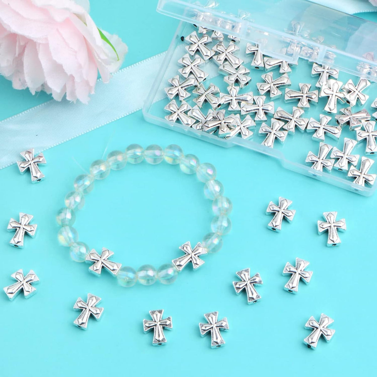 50pcs Antique Silver Cross Spacer Beads Tibetan Alloy Cross Crucifix Charm Beads with A Box Craft Supplies for DIY Jewelry Bracelet Jewelry Making, 13 mm × 11 mm