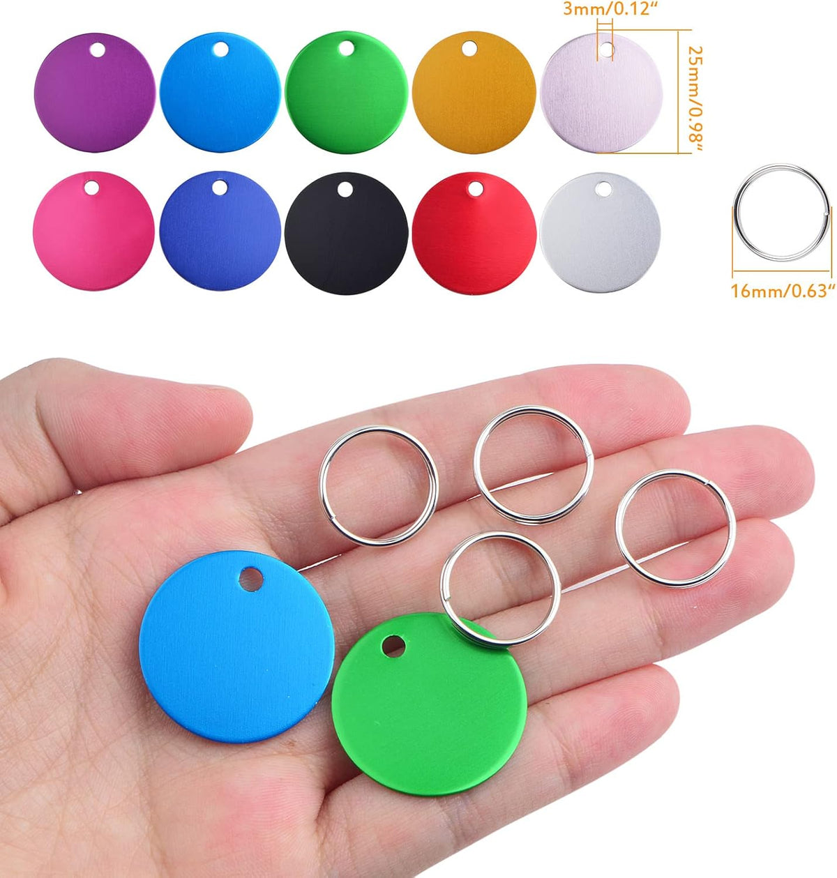 20pcs 25 mm Blank Aluminum Pet Dog Tags Round Discs Metal Engravable Stamping Tag Pendants Blanks with Hole and 20pcs Key Rings for DIY Decorative Craft Jewelry Making Supplies, 10 Colors