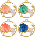 16pcs Round Enamel Ocean Starfish Shell Charms Colorful Marine Animal Starfish Seashell Summer Beach Dangle Pendants for DIY Necklace Bracelet Crafts Jewelry Making, 4 Colors