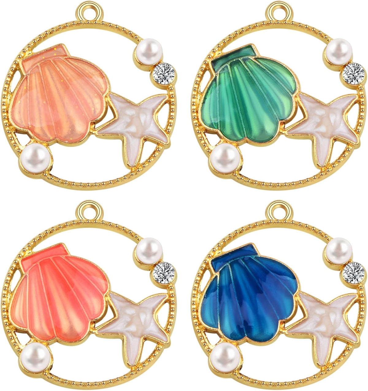 16pcs Round Enamel Ocean Starfish Shell Charms Colorful Marine Animal Starfish Seashell Summer Beach Dangle Pendants for DIY Necklace Bracelet Crafts Jewelry Making, 4 Colors