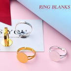 20 Pieces Metal Blank Rings Adjustable Finger Ring Flat 12mm Round Ring Base Blanks Jewelry Findings Components for Rings Making DIY Crafts, Golden, Silver
